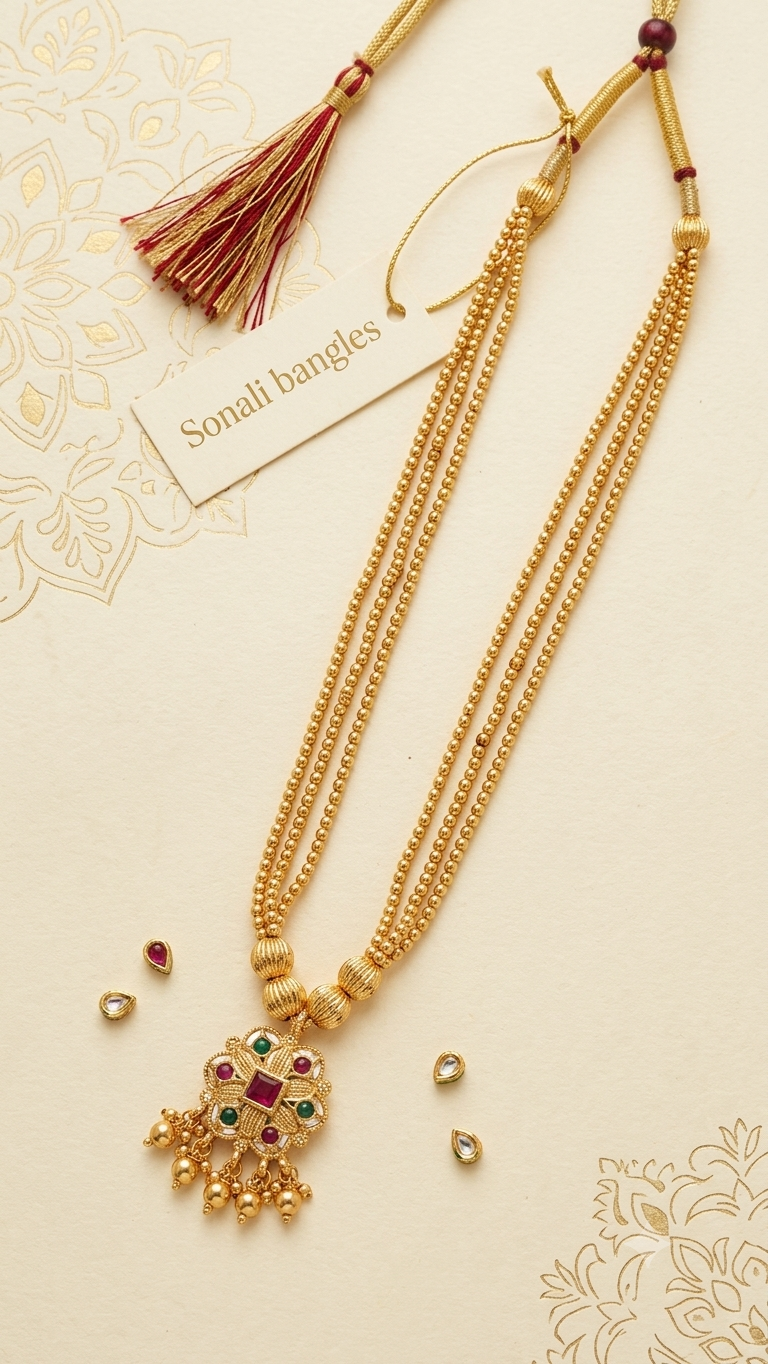 Traditional 3-Strand Mohan Mala with Kemp Pendant (Bor Mala Haar)
