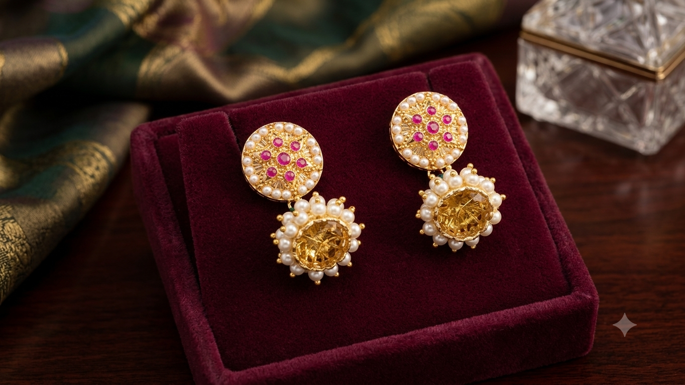 Temple Chakra Floral Ruby Pearl Jhumka Earrings