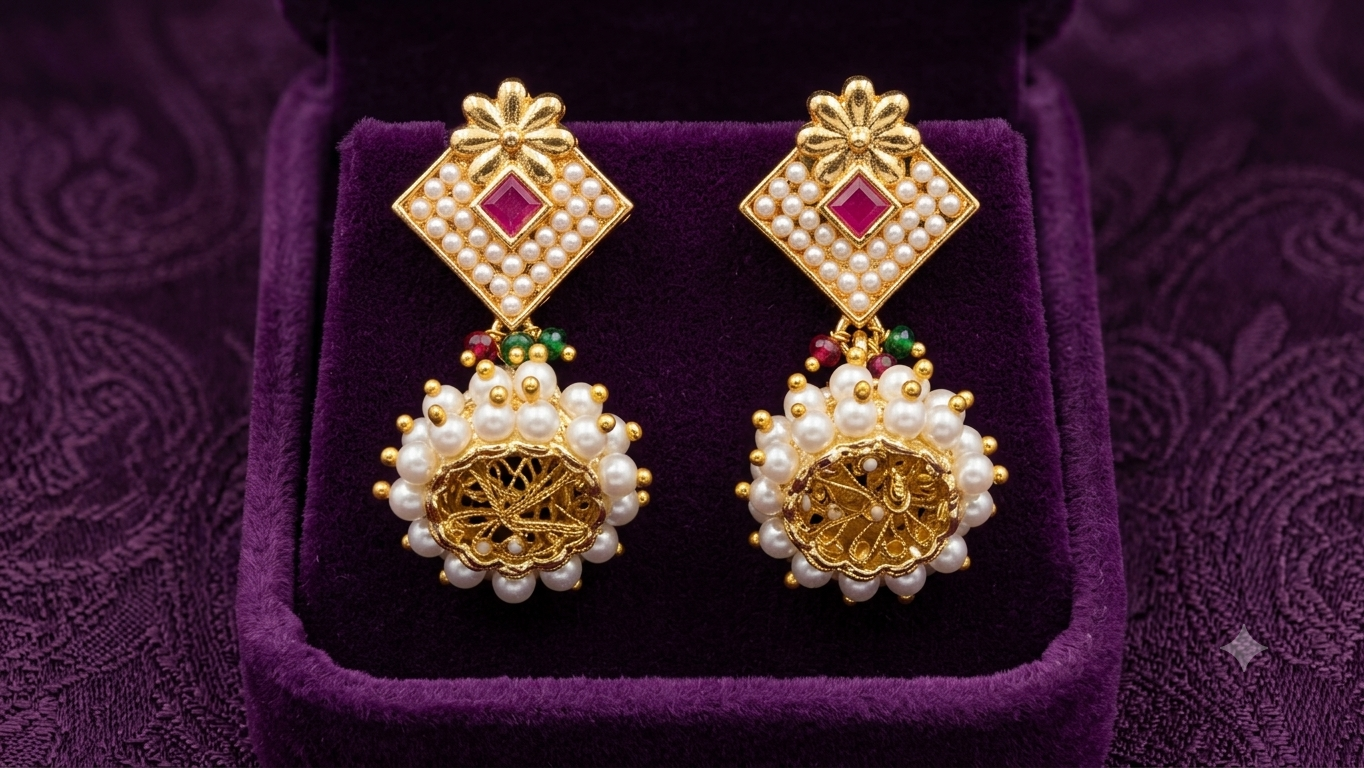 Royal Geometric Rhombus Kudan Moti Jhumka Earrings