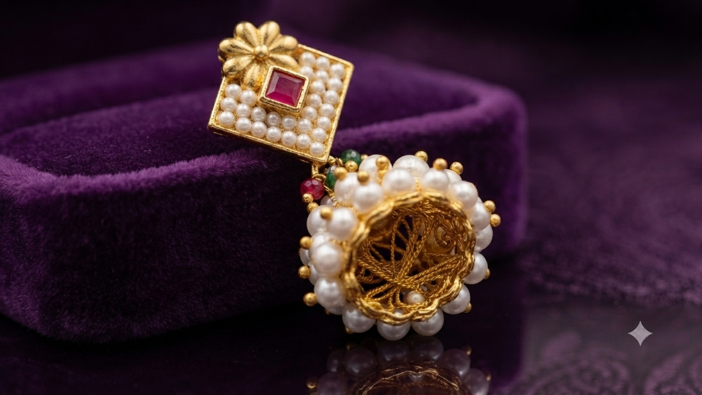 Royal Geometric Rhombus Kudan Moti Jhumka Earrings