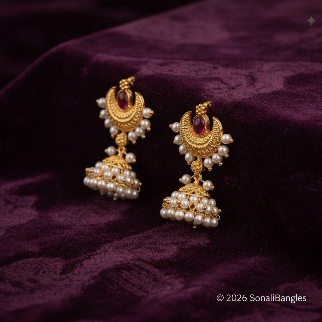 Antique Gold Chandrakor Ruby Cabochon Pearl Jhumka Earrings