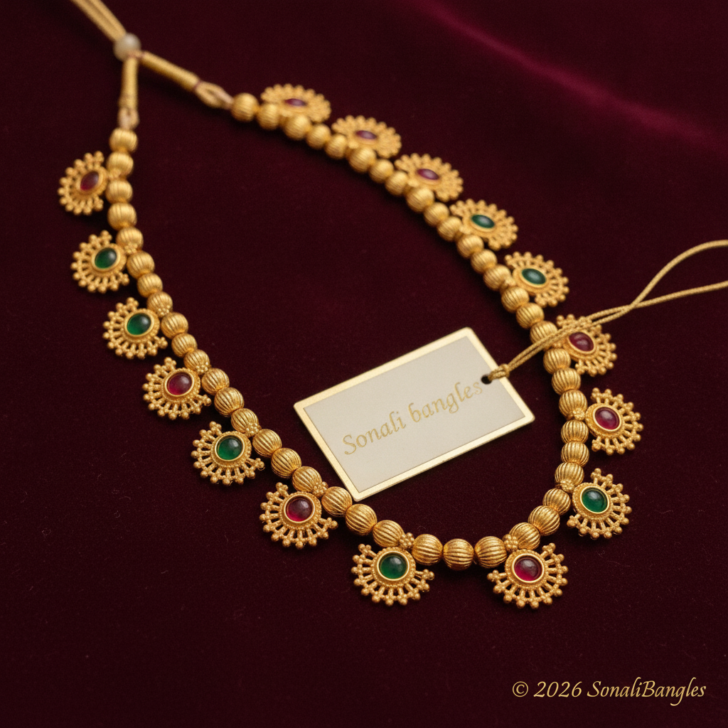 Antique Matte Gold Alternating Ruby & Emerald Kemp Fan-Motif Necklace