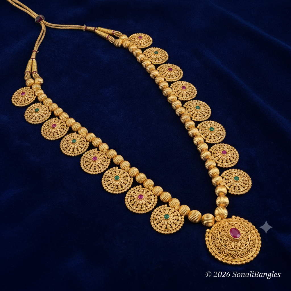 Traditional Temple Filigree Coin & Kemp Stone Long Necklace (Kolhapuri Saaj Inspired)