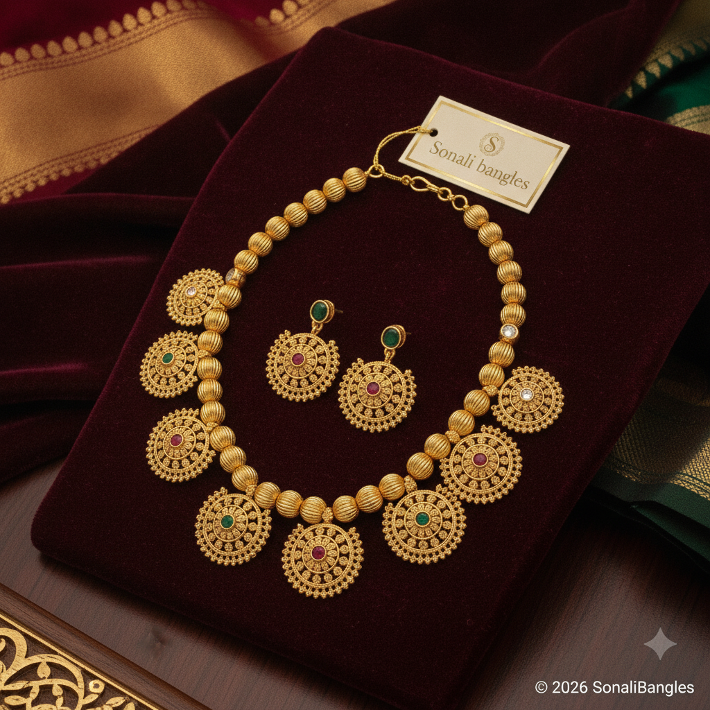 Antique Matte Gold Circular Filigree Medallion Collar Necklace Set with Matching Earrings