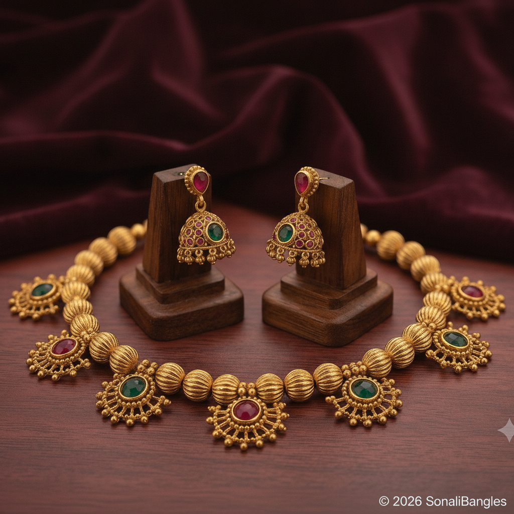 Traditional Temple Kemp Sunburst Crest Necklace Set with Floral Bell Jhumka Earrings