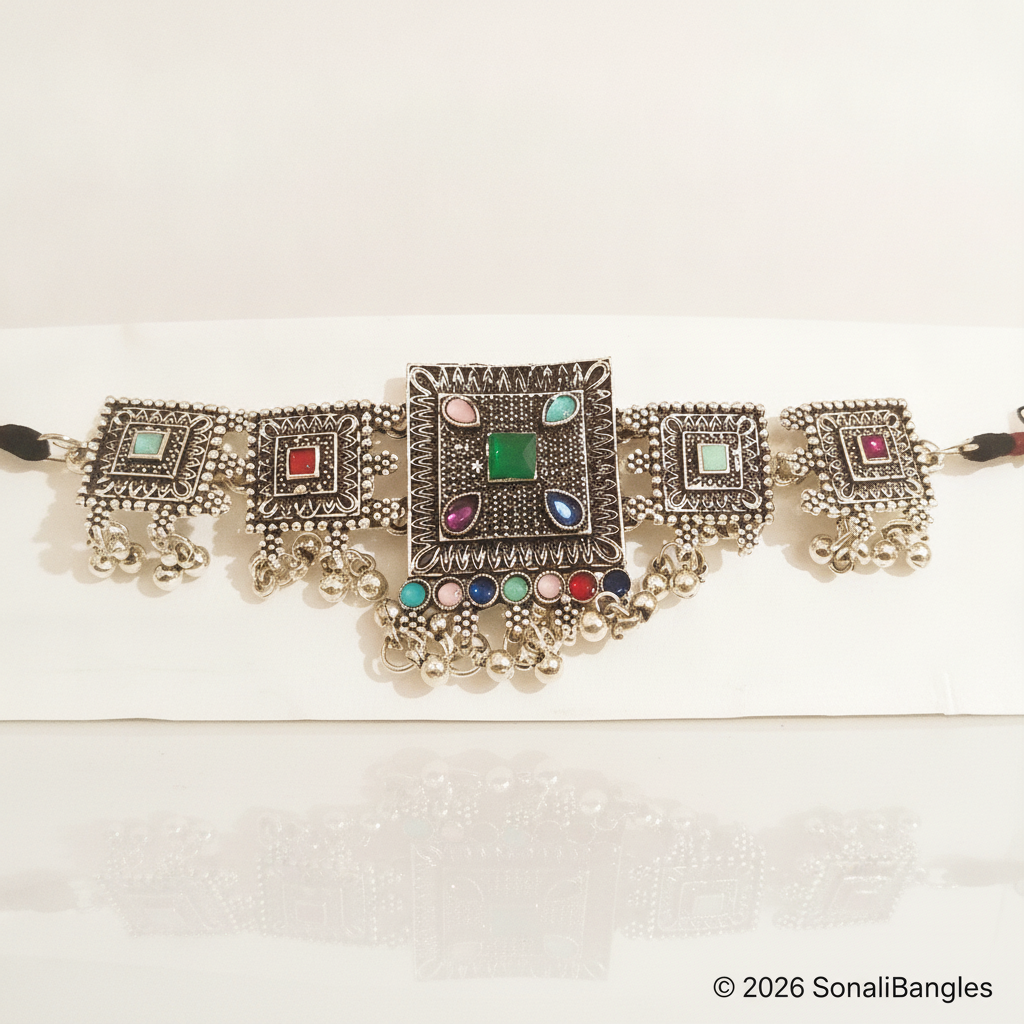 Antique Oxidized Silver Multi-Stone Geometric Choker Necklace with Matching Earrings