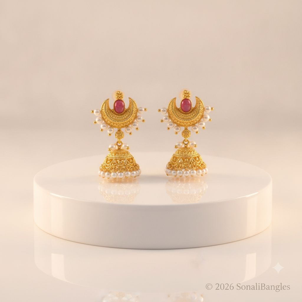 Antique Gold Chandrakor Ruby Cabochon Pearl Jhumka Earrings