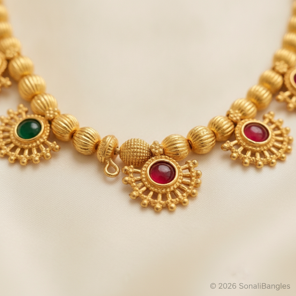 Antique Matte Gold Alternating Ruby & Emerald Kemp Fan-Motif Necklace
