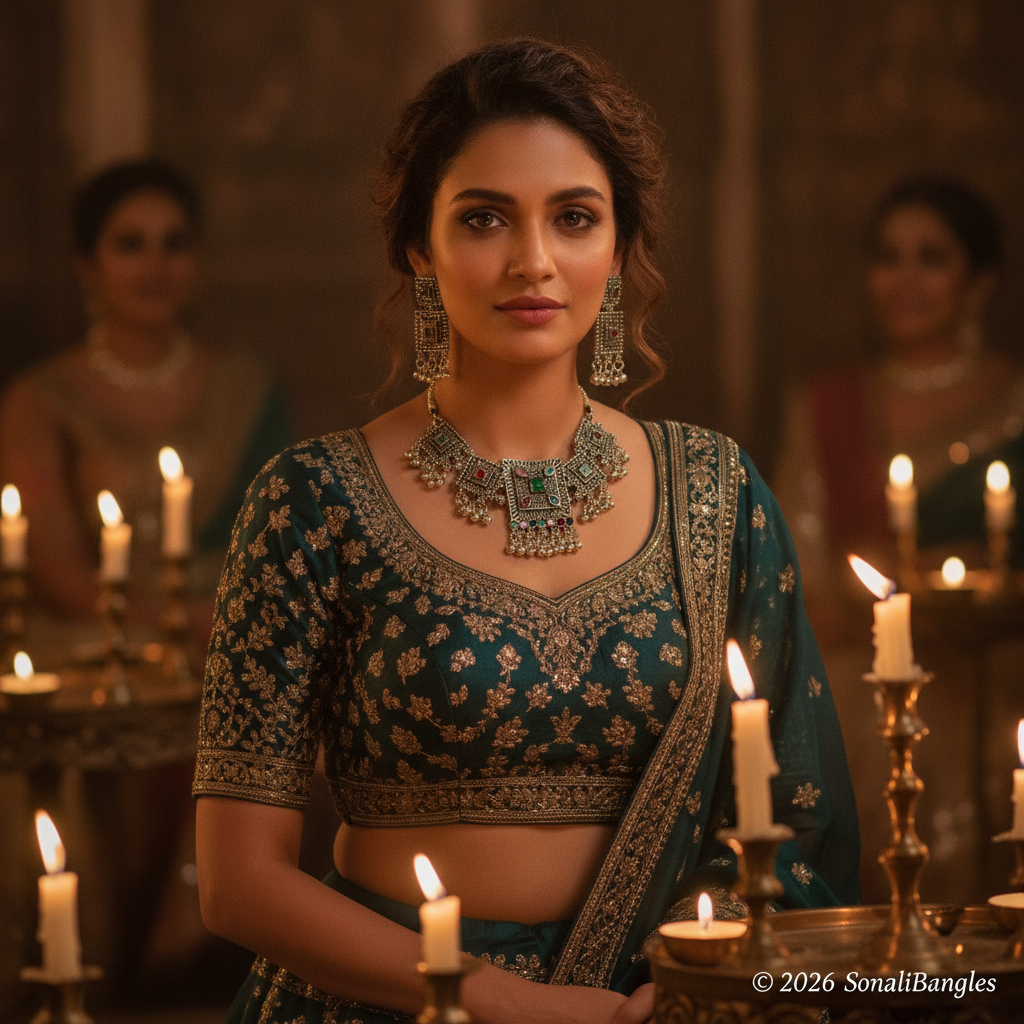 Royal 1-Gram Gold Emerald Green Jhumka Earrings (Code #7015)